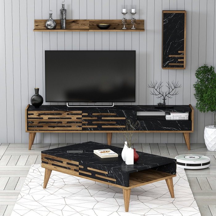 Hanah Home Valensiya Conjunto de Muebles de Salón Nogal, Negro y Mármol